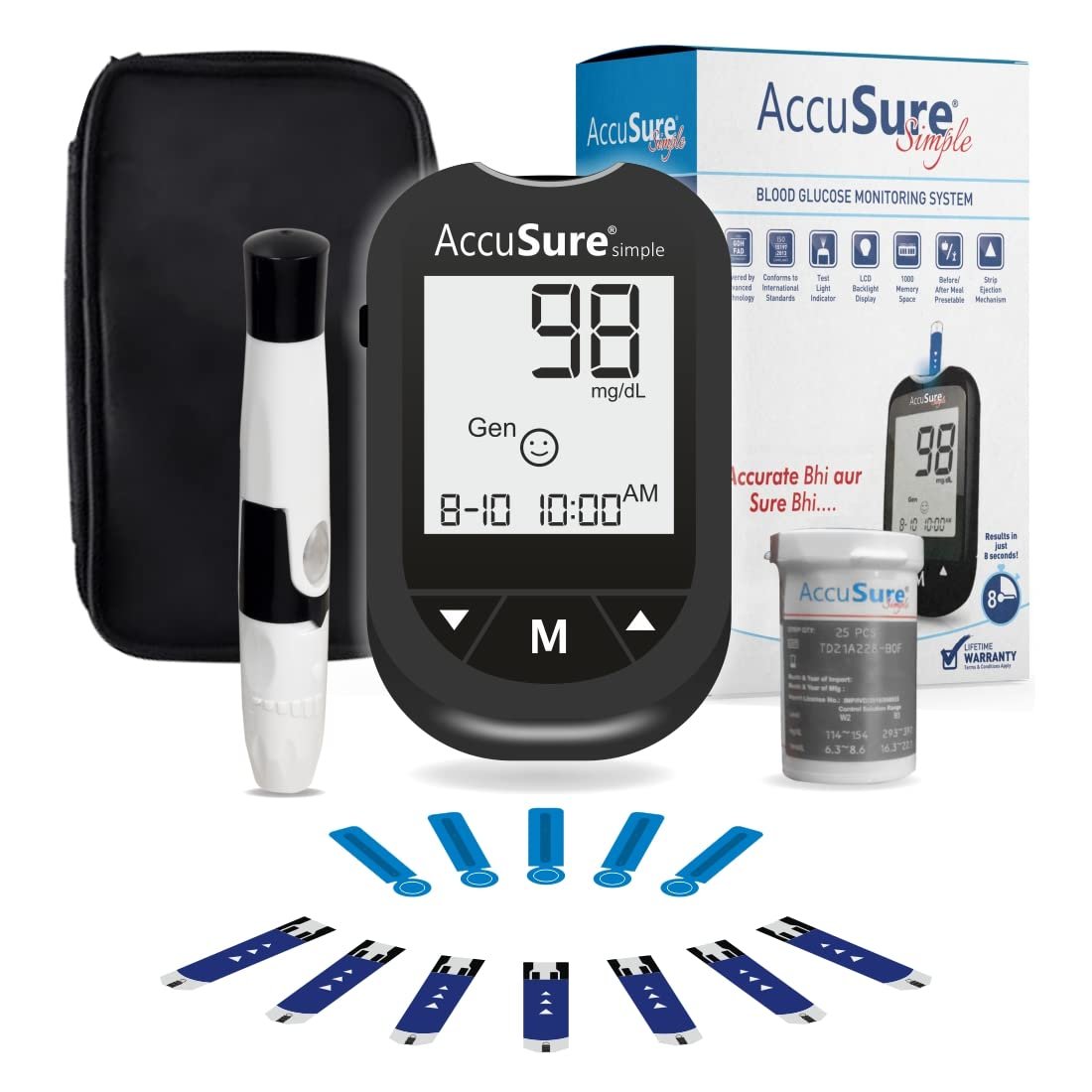 AccuSure Instant Digital Simple Glucometer Kit |with 25 Strips,10 Lancet,1 Lancing device for Accurate Blood Glucose Sugar Testing Machine