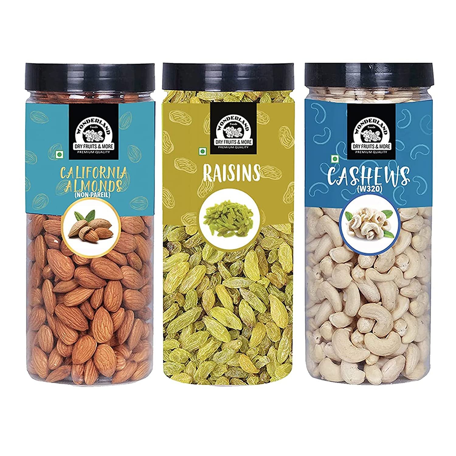 Wonderland Foods Healthy Dry Fruits Combo Pack 1.5Kg (500g X 3) | Almonds (NP), Cashews (W-320), Long Green Raisins Jar | Nutritious & Delicious High in Fiber & Boost Immunity