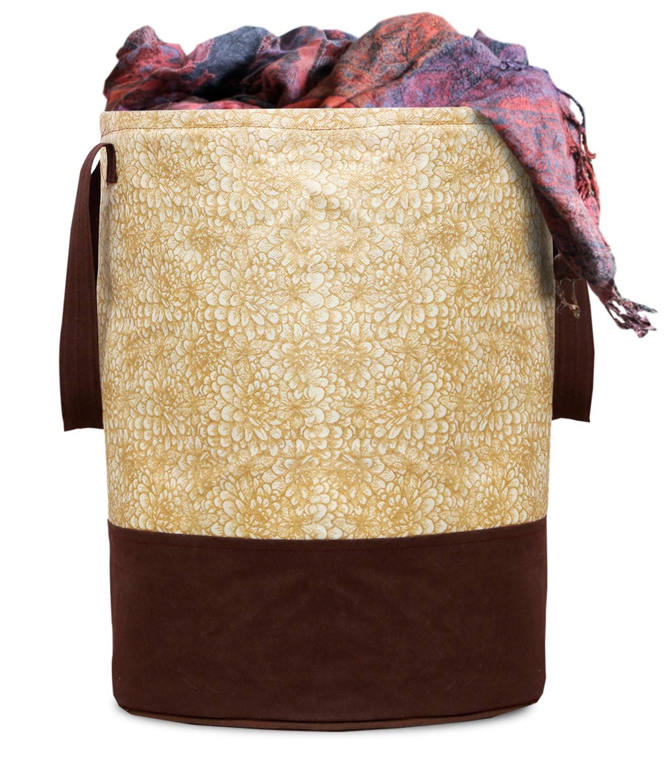 Kuber Industries Waterproof Canvas Laundry Bag/Hamper|Metalic Printed With Handles|Foldable Bin & 45 Liter Capicity|Size 37 x 37 x 46, Pack of 1 (Brown)