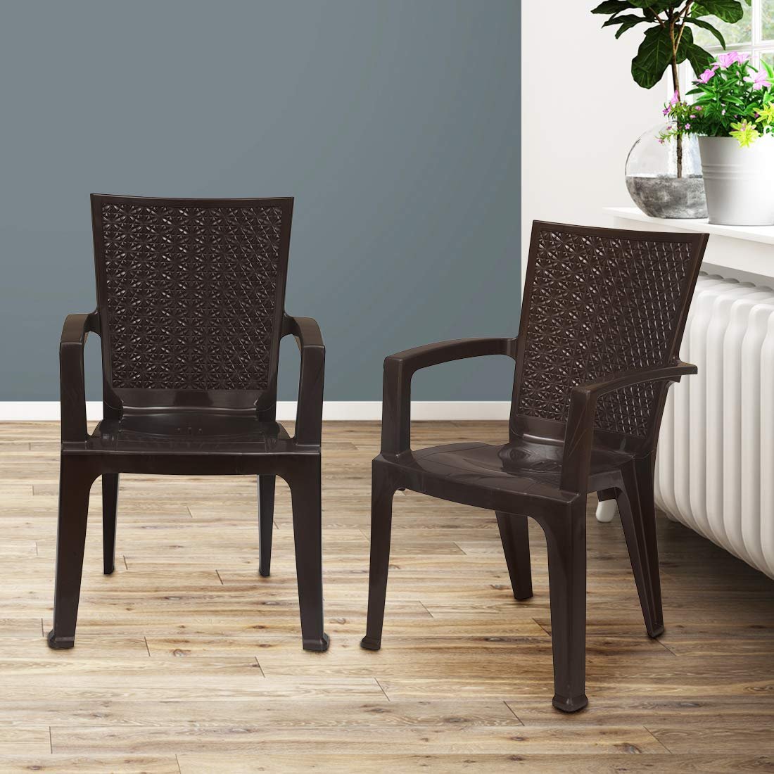 Nilkamal Chr2225 Plastic Mid Back With Arm Chair | Chairs For Home| Dining Room| Bedroom| Kitchen| Living Room|Office - Outdoor - Garden|Dust Free |100% Polypropylene Stackable Chairs|Brown|Set Of 2