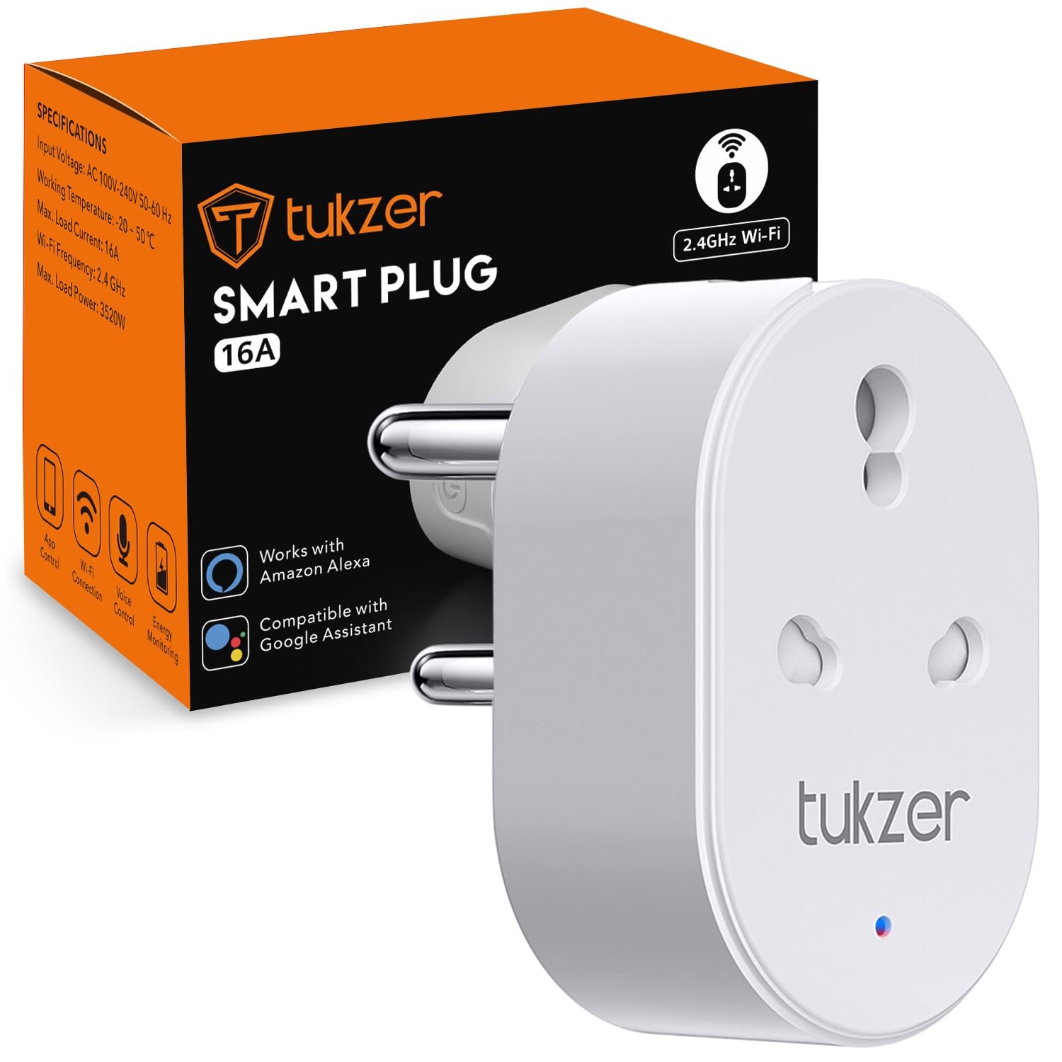 Tukzer 16A WiFi Smart Plug, Work with Alexa & Google Home Assistant, Suitable for Large Appliances like Geysers, Microwave Ovens, and Air Conditioners, Energy Monitoring, Wireless Control