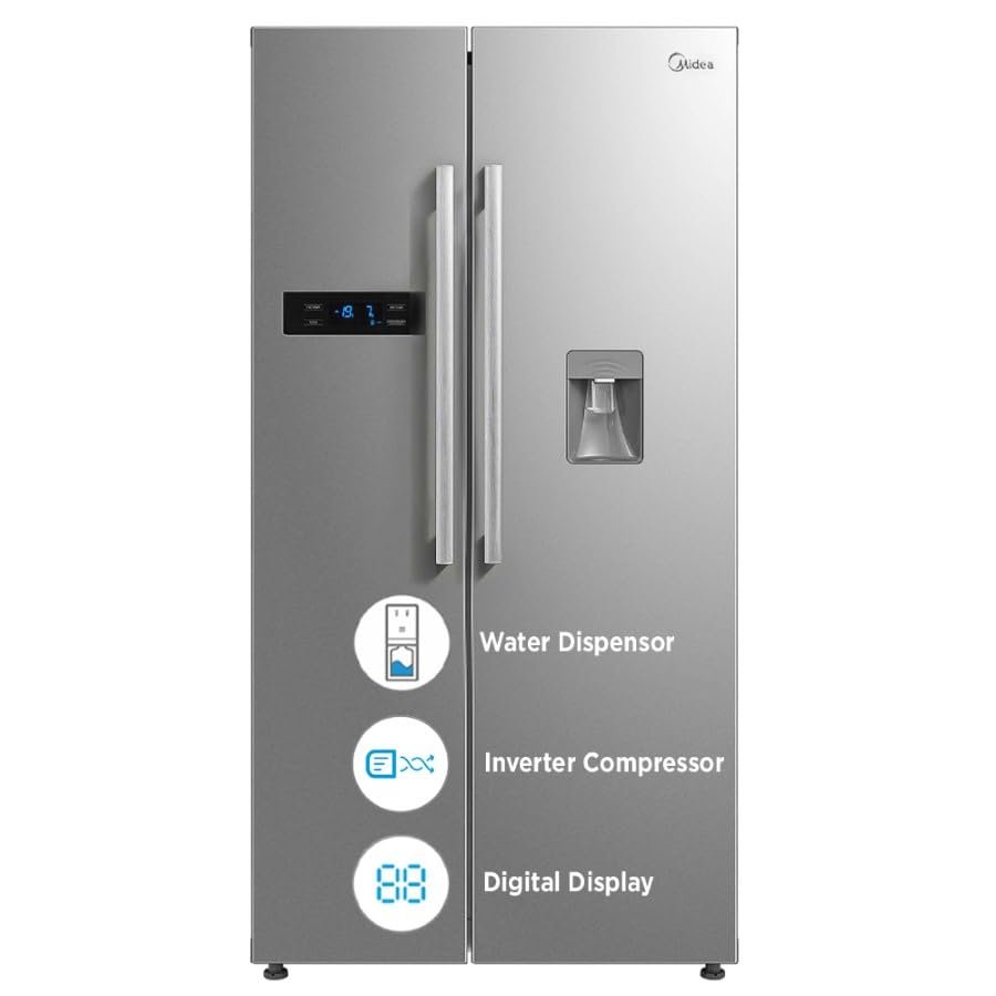 Midea 591L Frost Free Inverter Compressor Side By Side Refrigerator with Water Dispensor (MRF5920WDSSF, Silver, SS Finish, Multi Air Flow, Digital Touch Control)