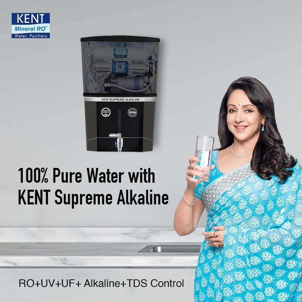 KENT Supreme Alkaline RO Water Purifier | 4 Years Free Service | Multiple Purification Process | RO + UV + UF + Alkaline + TDS Control + UV LED Tank | 8L Tank | 20 LPH Flow | Zero Water Wastage |Black