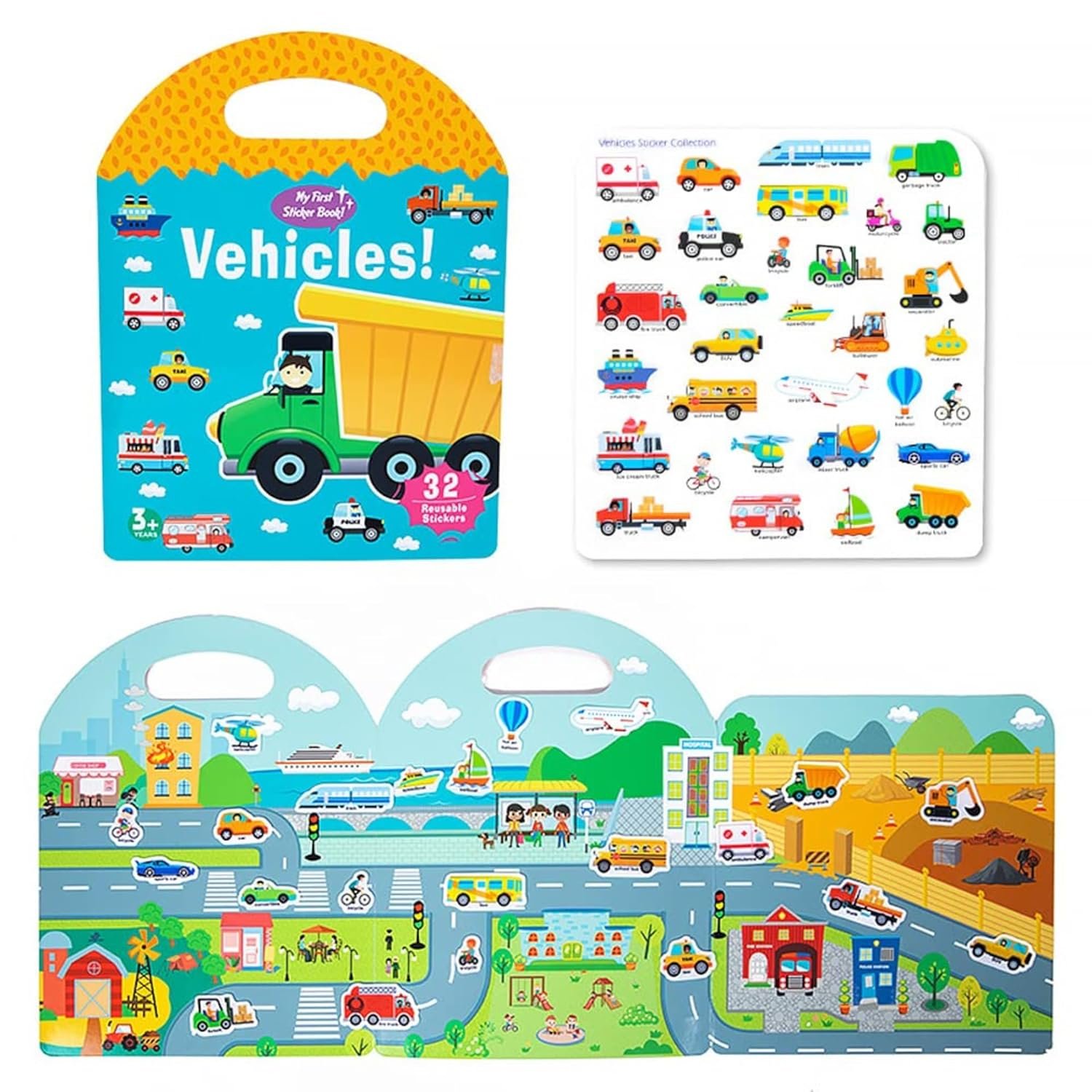 FUN FRY Reusable Sticker Books for Kids Vehicle Cute Static & Adhesive Stickers Book for Toddlers Aged 3-4 Educational Toys Learning Books Birthday Gifts