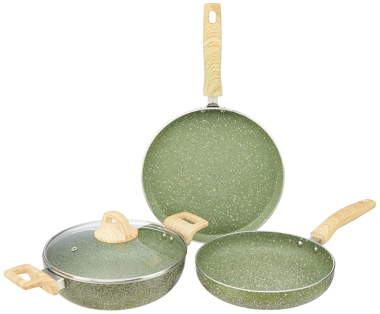 amazon basics Granite Finish Non Stick Cookware Set | Set of 3 | Induction Base | 24cm Fry Pan, 24 cm Kadai, 28cm Tawa| Olive Green