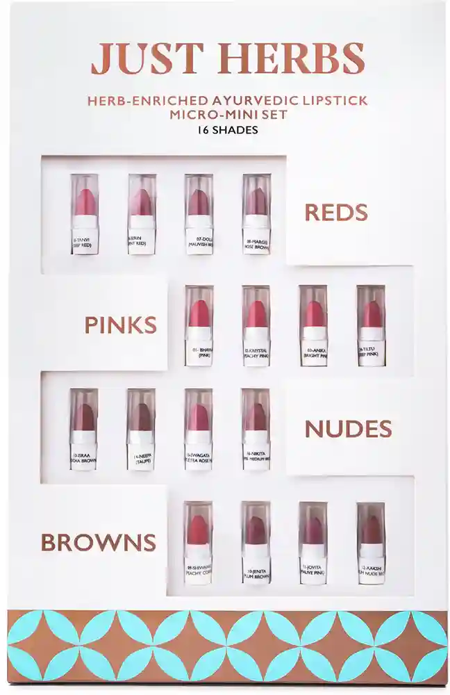 Just Herbs Herb-Enriched Ayurvedic Intense Colour Micro Mini Lipstick Set - 16 Shades (Multicolor, 7 g)