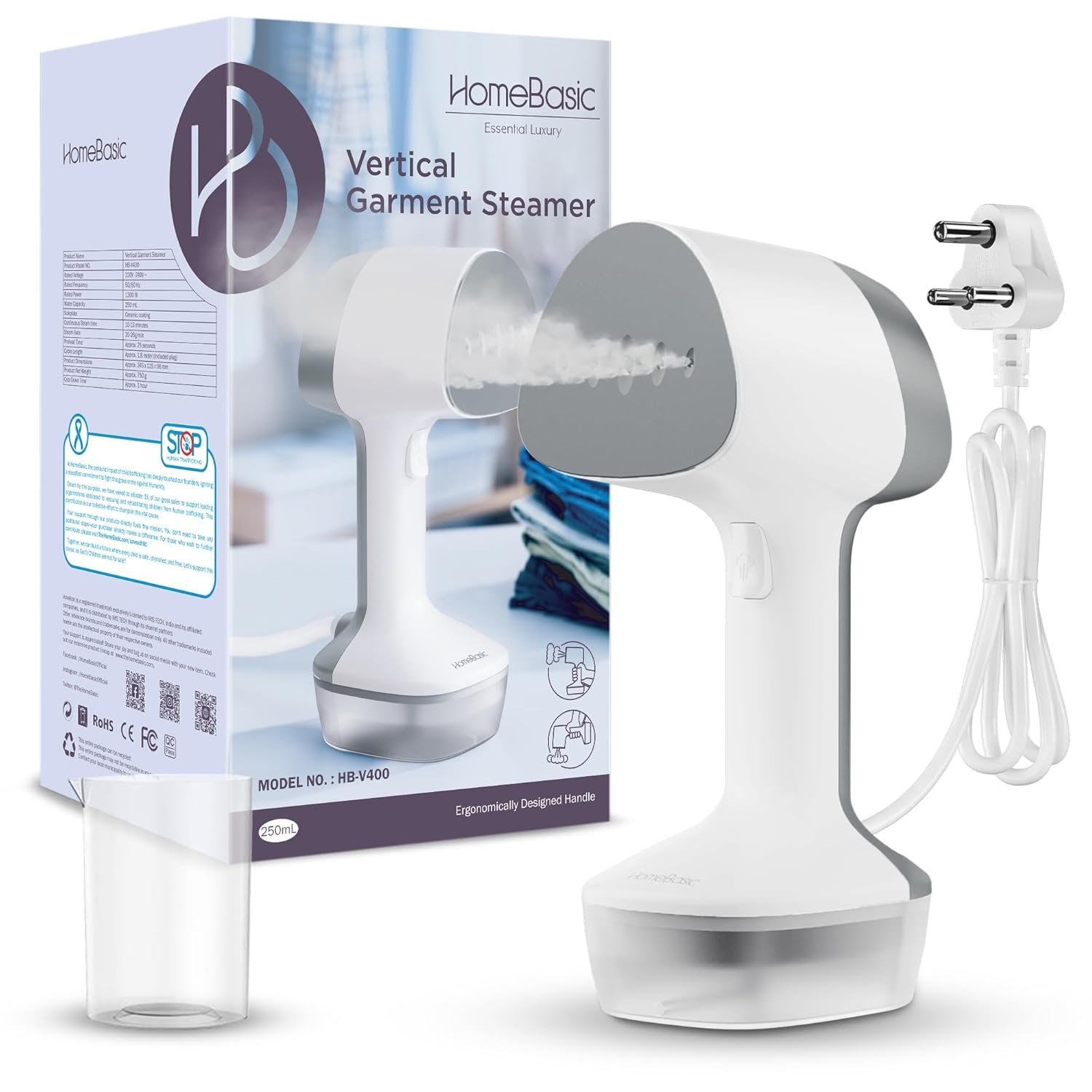 HOMEBASIC Handheld Garment Steamer for Clothes 1300W | 25s Fast Heating, 250ml Tank, Vertical & Horizontal Steaming, 26g/min Steam Output | Travel-Friendly Ceramic Soleplate Iron for Home & Office
