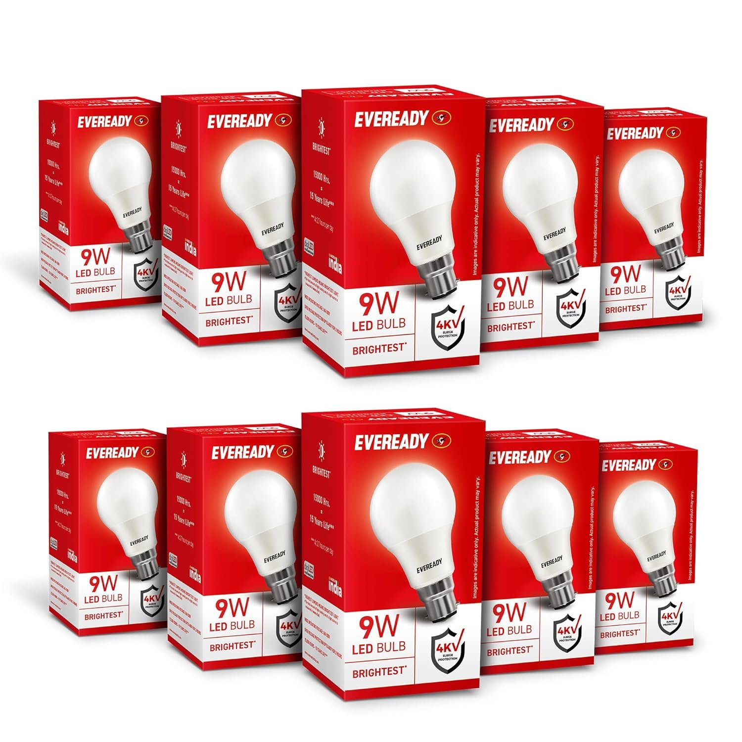 Eveready 9W LED Bulb, Cool Day Light (6500K), B22 Base, Energy-Efficient, 4kV Surge Protection, Long-Lasting Durability - Pack of 10