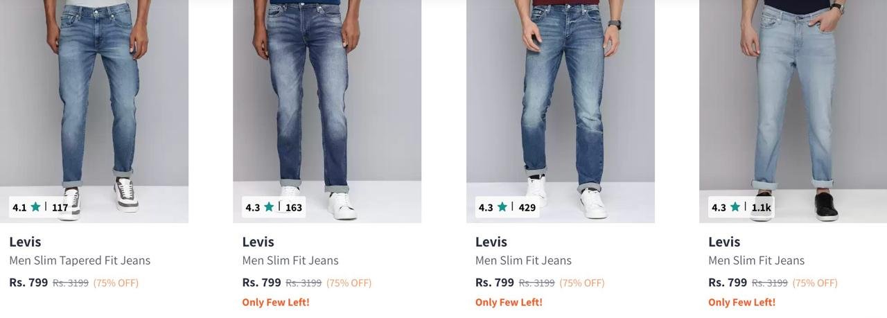 Myntra : Levi's Clothing available at 75% Off (Jeans, Tshirt, Shirts etc)