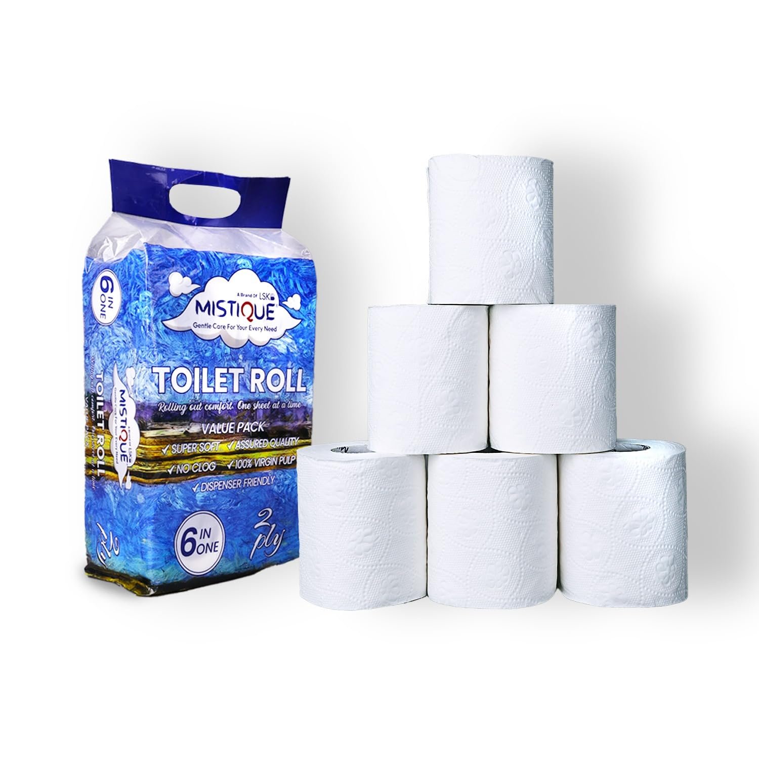 Apply ₹10 coupon | MISTIQUE 2 Ply 180 Pulls Toilet Paper Roll | 180 Pulls x 6 Rolls | Soft and Highly Absorbent | 100% Natural Virgin Pulp | Dispenser Friendly | Super Soft | Family Pack of 6 Rolls
