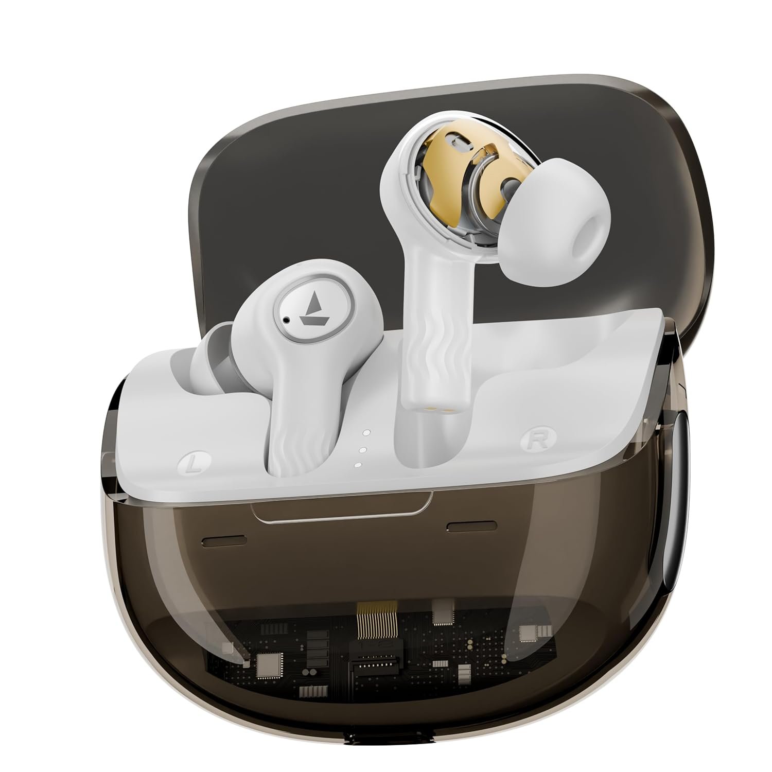 boAt New Launch Nirvana Crystl, Transparent Case,Spatial Audio, ANC(~32dB), 100Hrs Battery,4Mics ENx, Dual Pair,App Support, Bluetooth Earbuds, TWS Ear Buds Wireless Earphones with mic (White Lustre)