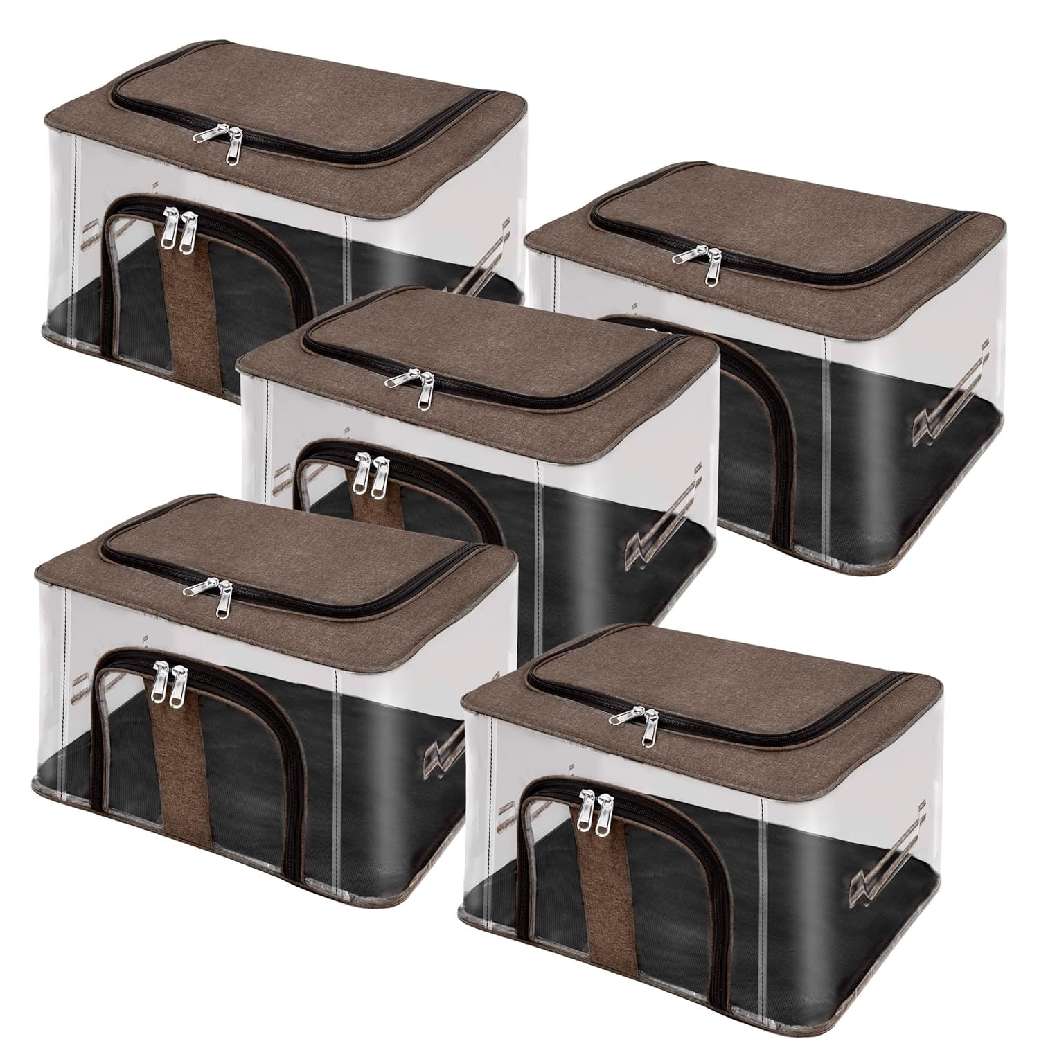 Storite 5 Pack Nylon 33 L PVC Transparent Moisture Proof Storage box for Clothes Closet Wardrobe Organizer for Clothes Saree Bags with Carry Handle - (Brown, 44 x 31 x 24 cm)