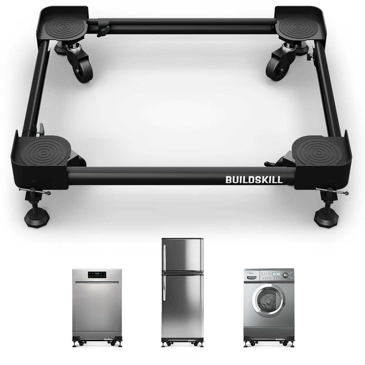 BUILDSKILL 160kg Load Capacity Washing Machine Stand | 360° Rotating Wheels | Adjustable | Absorbs Vibration | Anti-skid Fridge and Dishwasher Stand, Top & Front Load Washing Machine Trolley - Black