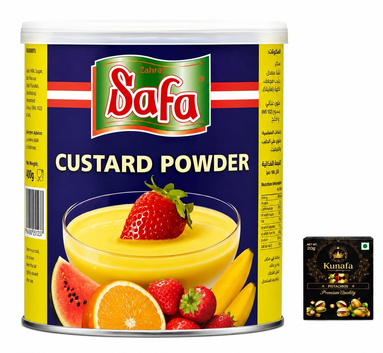Safaa Custard Powder Vanilla Flavour with Milk & Sugar 400g with Free Flavourito Kunafa Pistachio Chocolate Bar, 20g By Decadent Foods
